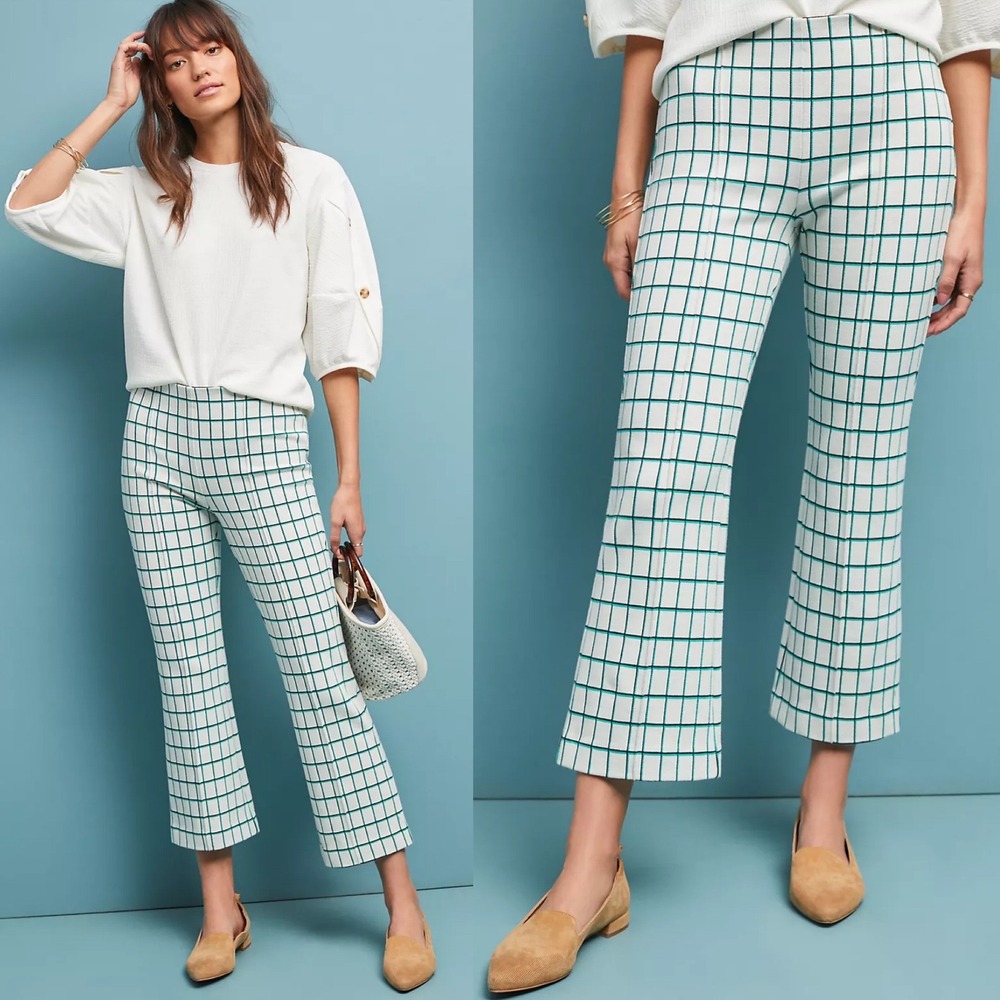 Anthropologie Essential‎ Cropped Flare Trousers Green Plaid Womens Sz Small Boho
